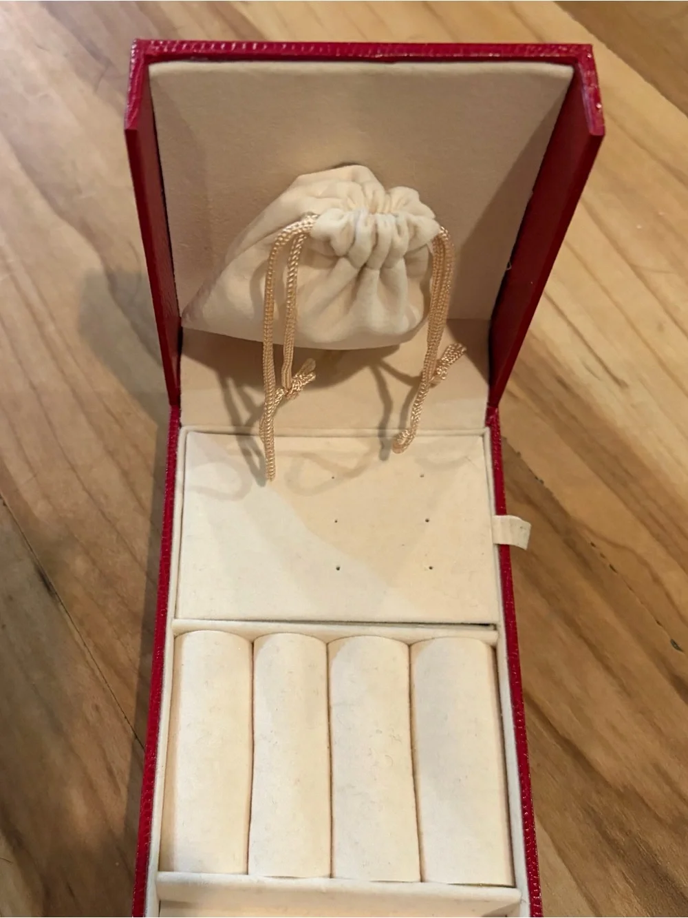 Red Faux Leather Jewelry Box, Foldout with Gold Trim for Travel or Home